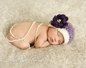 Newborn vintage style hat for dressing up baby girl's photos with deep purple flower and pearls in center -- also beret style