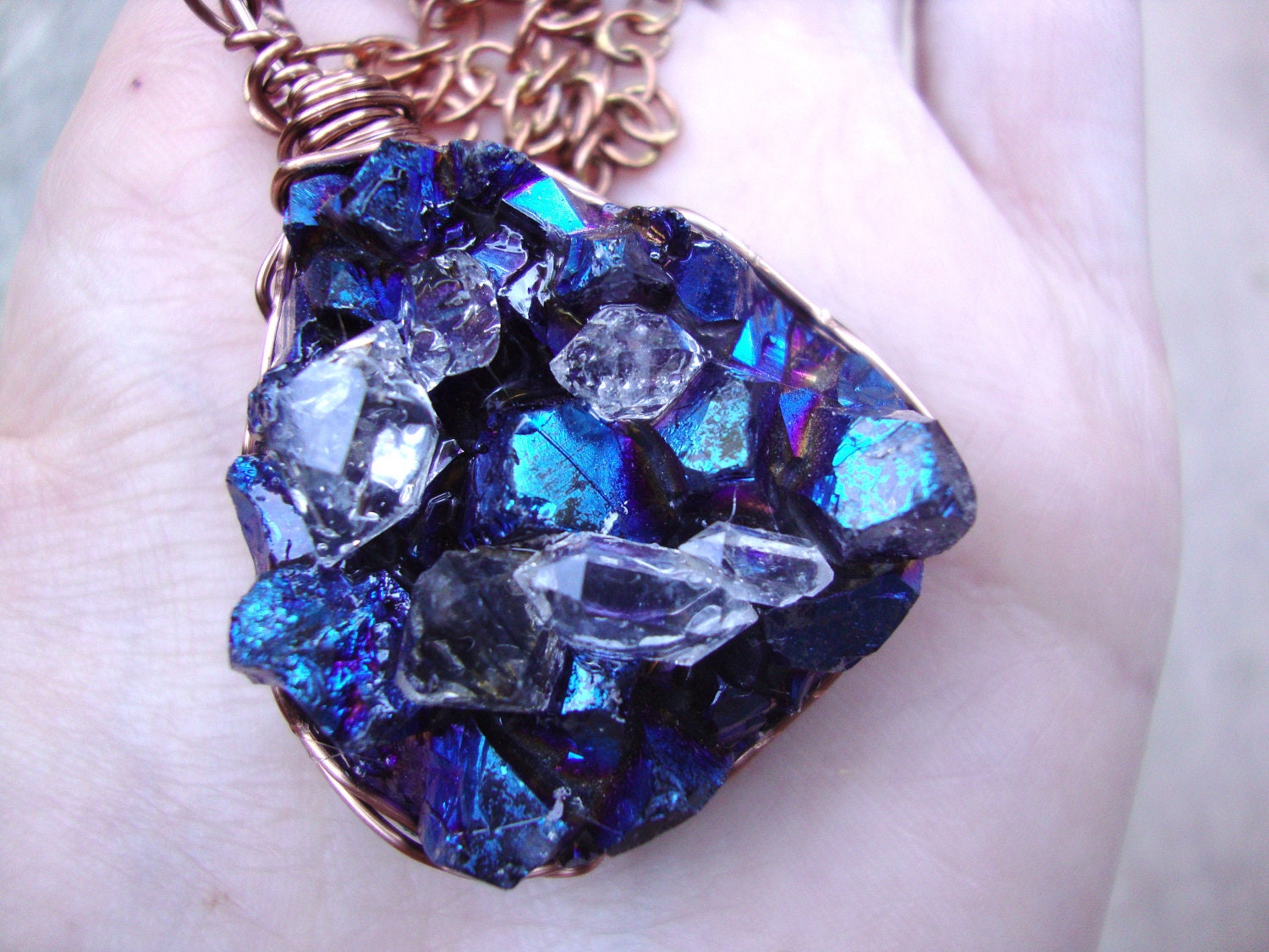 HUGE aura crystal druzy with beautiful raw herkimer diamonds and copper wrapped necklace
