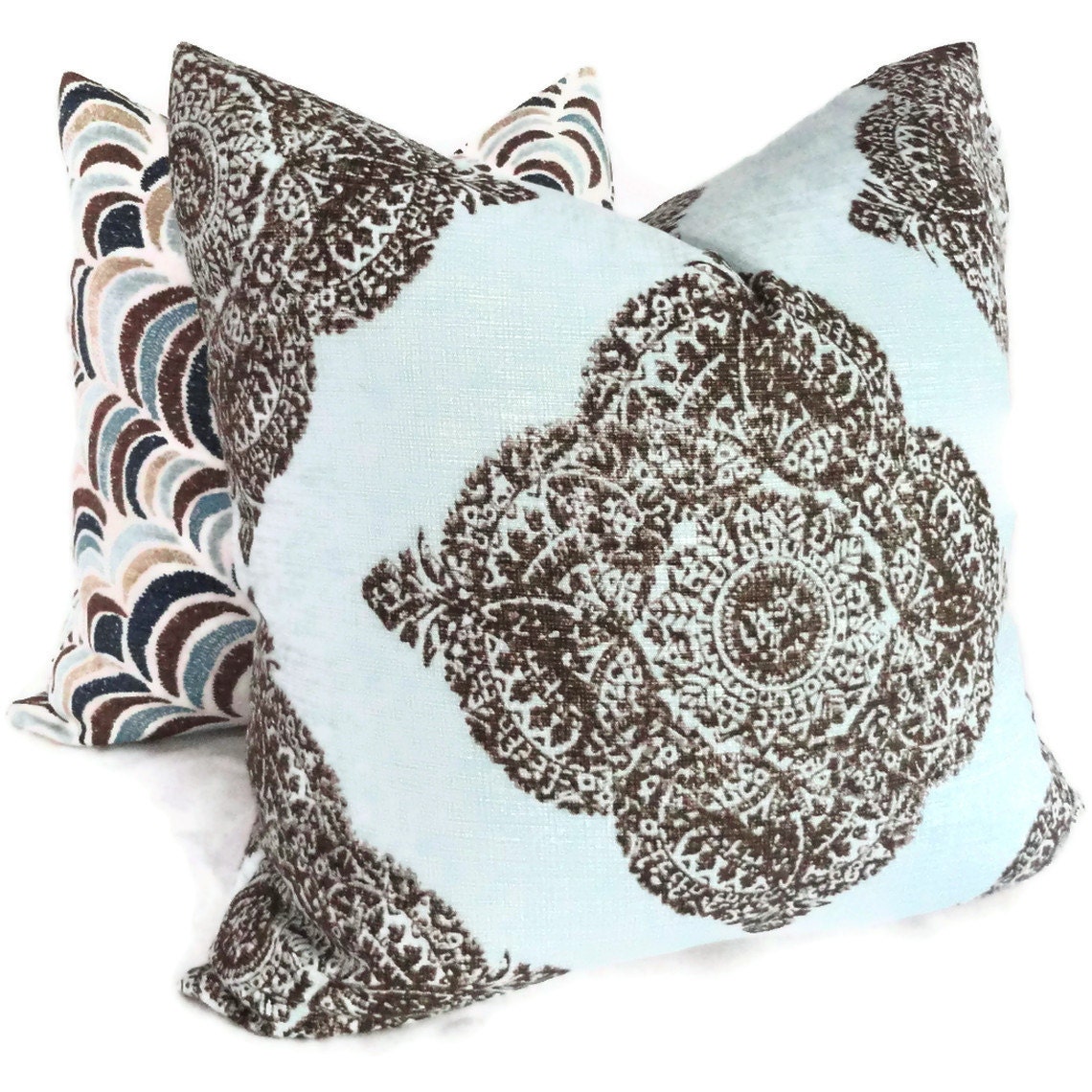John Robshaw Blue Brown Wood Block Decorative Pillow Cover  18x18, 20x20, 22x22, 14x20 or 12x24