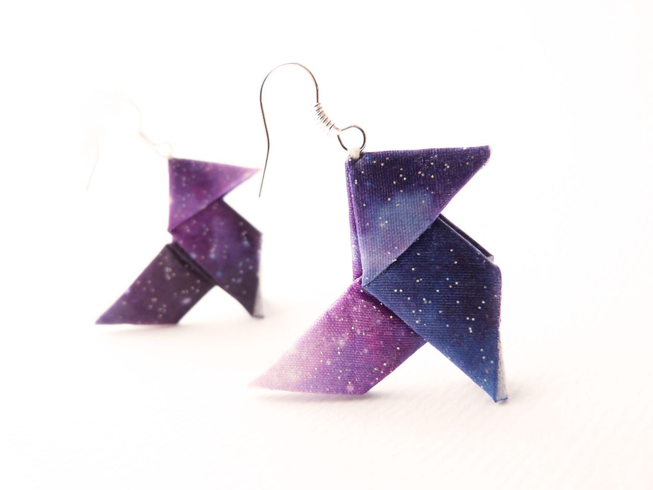 Galaxy Origami earrings Purple ombre print on silk OOAK by Jye, Hand-made in France