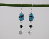 Sterling silver earrings, hemimorphite connector earrings, connector with black onyx and sterling leaf
