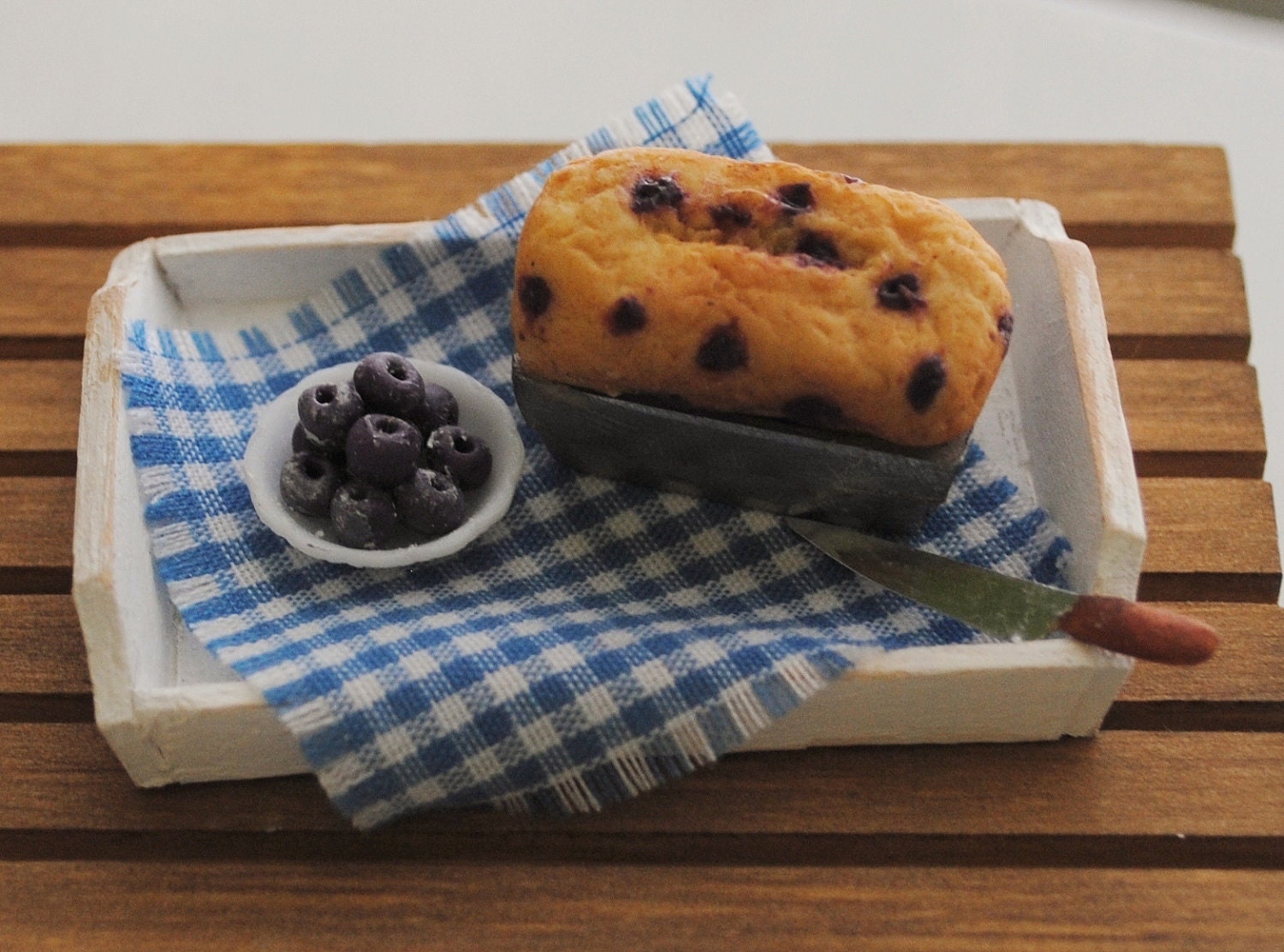 Miniature Blueberry Loaf And A Bowl Of Blueberries On A Shabby Chic Tray