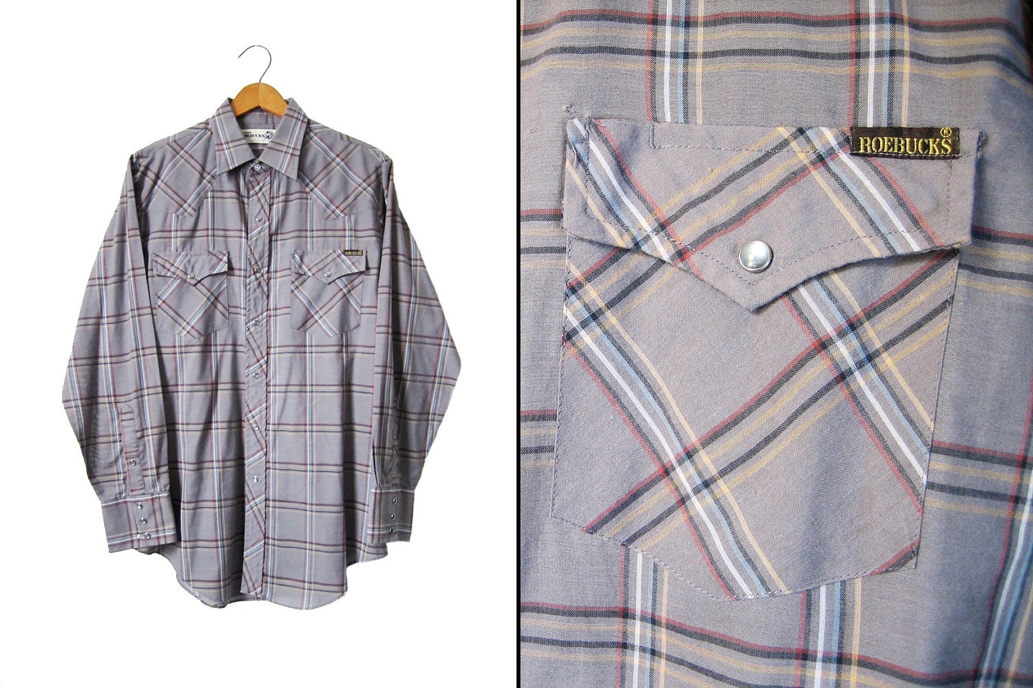 Vintage Sears Roebuck Shirt 70s Western Grey Plaid Pearl Snaps - Men's Medium