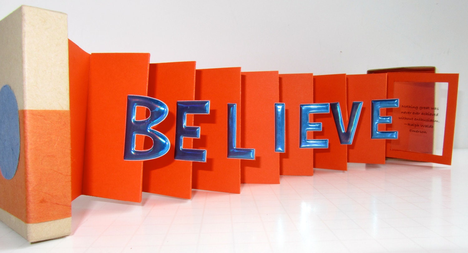 BELIEVE INSPIRATION Card in a Box With a QUOTE Original Design CUSTOm MADe Accordion Miniature Book-Card Handmade Personalized OoAK