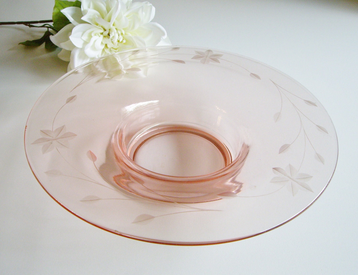 Vintage Pink Glass Bowl Etched For Flower by Vintagerous on Etsy