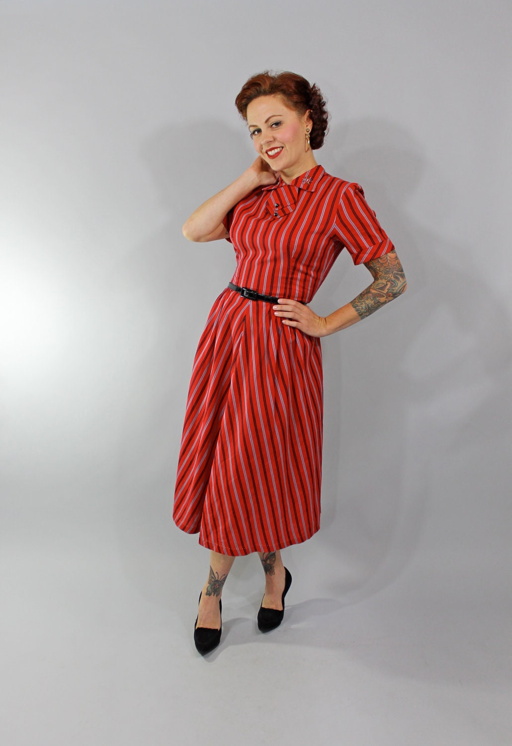 1940s Vintage Dress...Fall Fashion Red Cotton 40s Collegiate Dress Grey Black Stripes and Rhinestone Details on Peter Pan Collar Size Mediu
