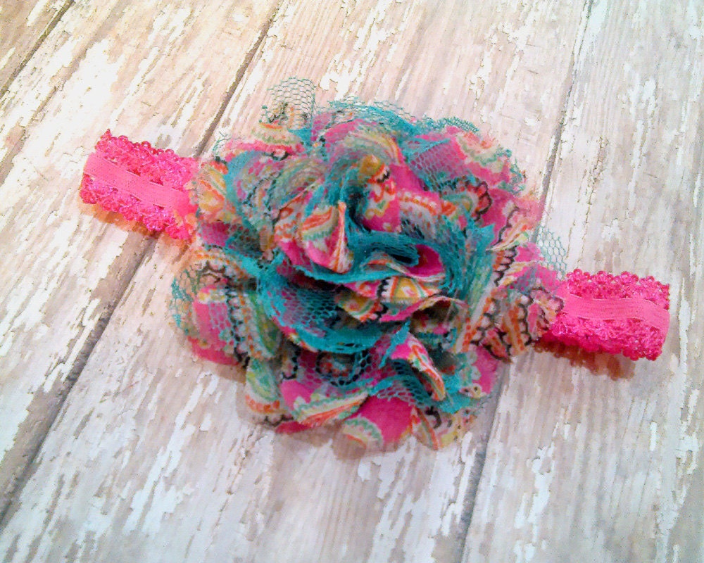 Bright Pink and Aqua Mesh and Lace Flower with FREE headband - baby headband, infant headband, toddler headband
