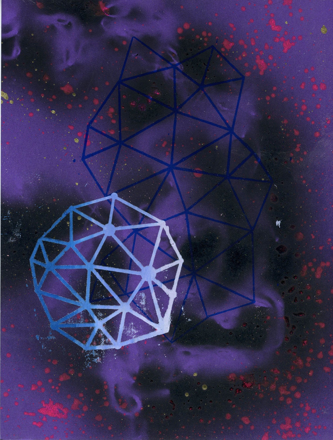 Purple Galaxy with blue geometric orb, 8.5"x11", screen print on paper