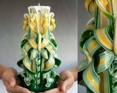 Carved candle - Large candle - Green candle