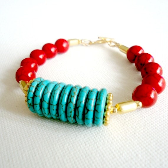Turquoise Bracelet Gold Jewelry Red Bracelet Gemstone Jewellery Funky Chunky Unique Fashion Bold B-284