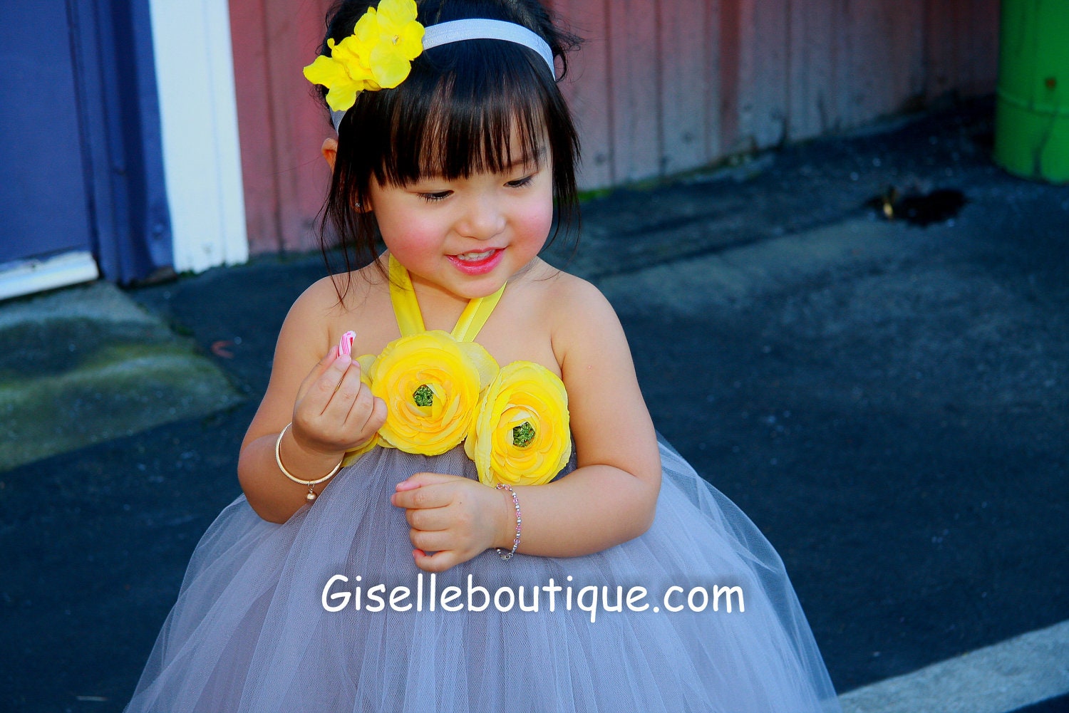 Grey with Yellow Ranuculus Flowers Tutu Dress.Wedding .Flower Girl Dress. Birthday