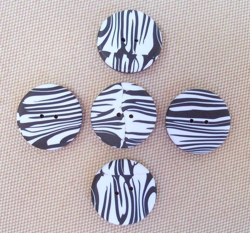 Zebra Striped Hand Crafted Polymer Clay Buttons, set of 5, 3/4 inch black and white