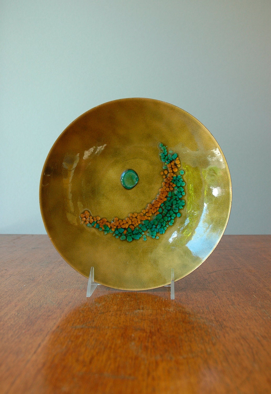 Mid Century Decorative Enamel Bowl - Chartreuse / Teal / Gold