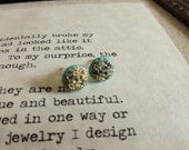 Turquoise Etched with Gold Glass Flower Cabochon Earrings