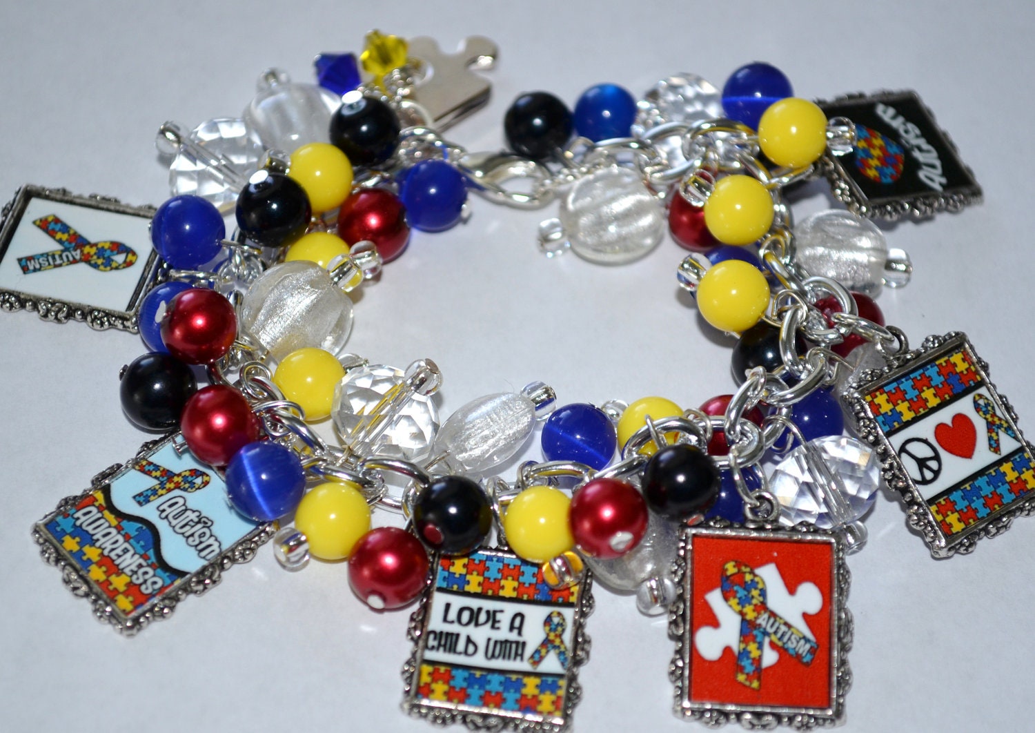 AUTISM AWARENESS Charm Bracelet - Altered Art - Handmade - Free2BDesigns - Blue - Red - Yellow