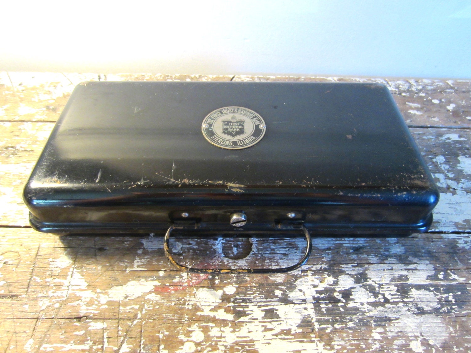 Antique Metal Cash Box First National Bank Black Metal Rustic Storage Industrial Decor