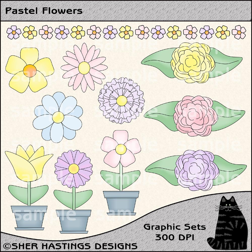 Pastel Flowers Clipart and Graphic Set, Floral Clipart, Spring Clipart - Digital Scrapbooking Kit