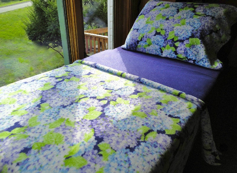 Girls Toddler Fleece Bedding Set  'Blue Hydrangea' Handmade Sheets Fits Crib and Toddler Beds
