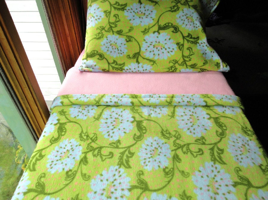 Girls Bedding Set ''Pink and Green Floral Beauty" for Girls Handmade Fleece Bed Set Fits Crib and Toddler Beds