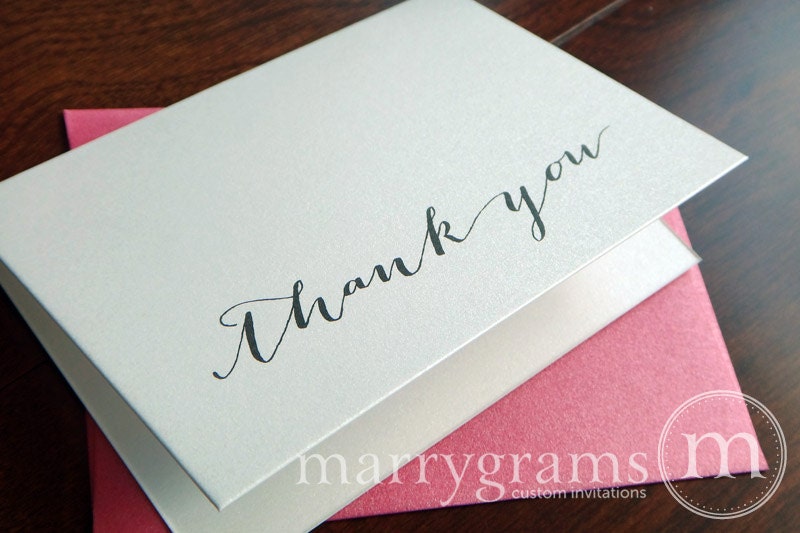 Elegant Script Thank You Cards - Wedding, Bridal Shower or Any Occasion - Fancy, Pink Envelopes - Bachelorette Party Thank You (Set of 50)