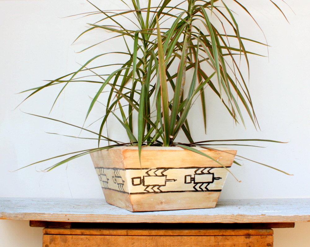 Wooden Cedar Planter Box - Handpainted Folk Art Tribal Spiders or Scorpions