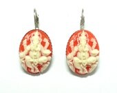Ganesh Elephant Earrings Cameo Style in Carnelian and Ivory with Lever Back Hooks
