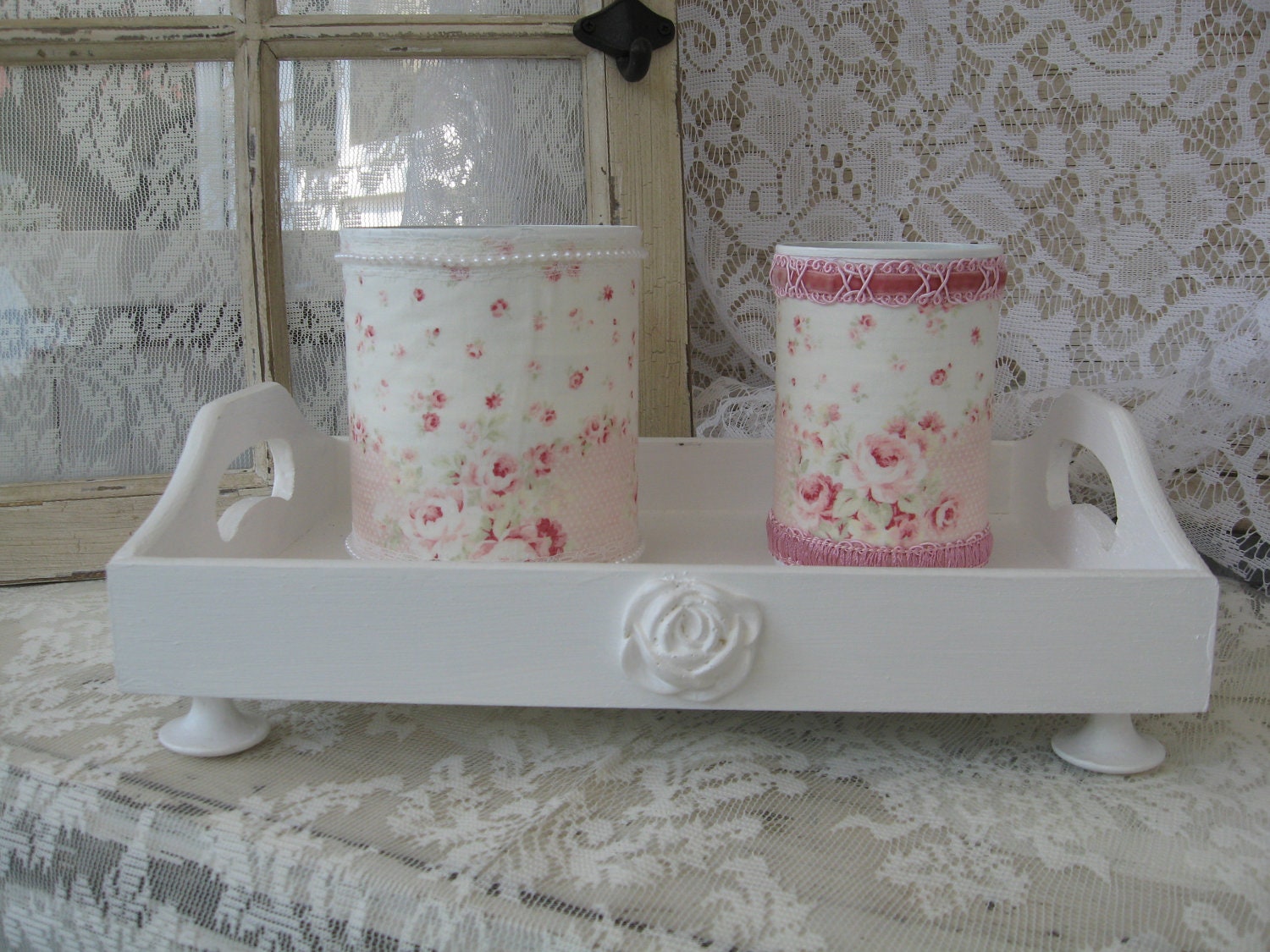 Vanity Desk Set,   Shabby Chic Pink And White Tray Pencil Holders And Night Light