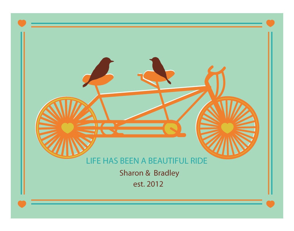 Art for Couples, Tandem Bicycle and Birds- 16X20 Inches, more sizes and colors, Valentine's Day, Wedding Gift