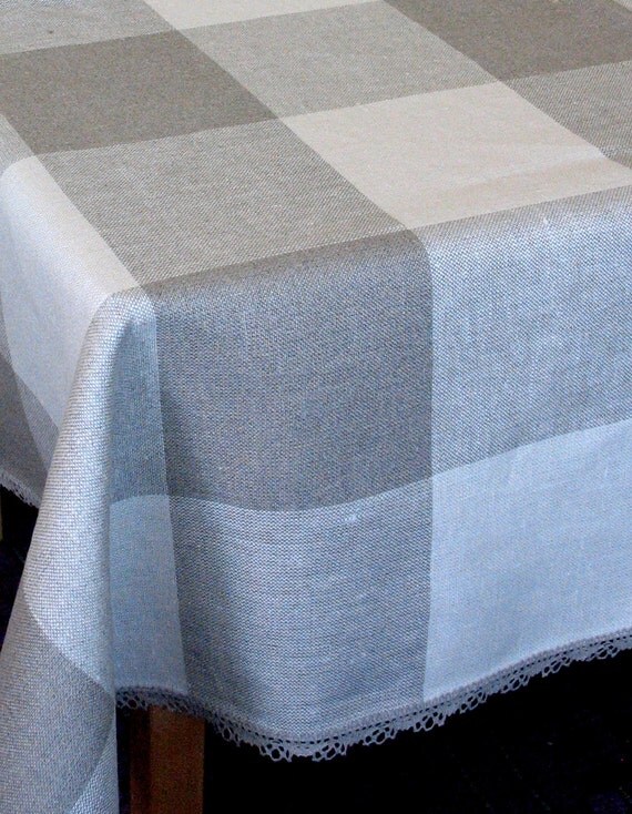 Linen Tablecloth Natural White Gray Linen Lace by Initasworks