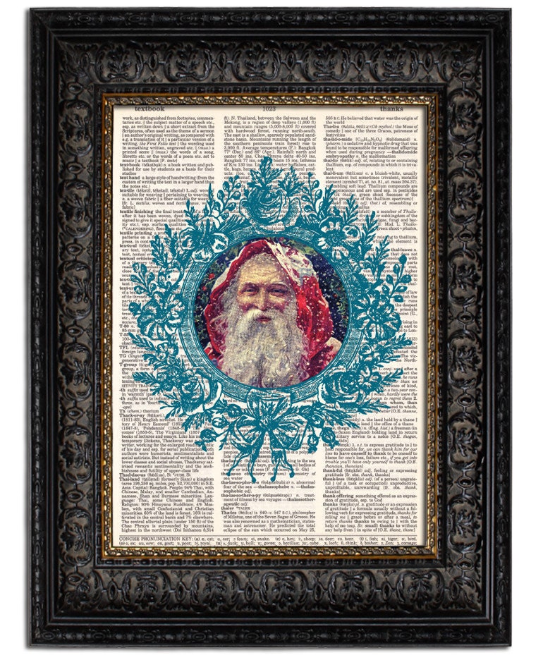 Christmas Decor, Holiday Home Decor, VINTAGE SANTA with Blue WREATH Ornament, 8x10 vintage dictionary art print