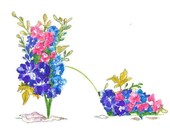 ACEO - Print Larkspur Shoe - July Birthday Flower - Enhanced with Watercolor Paint and Signed on Back