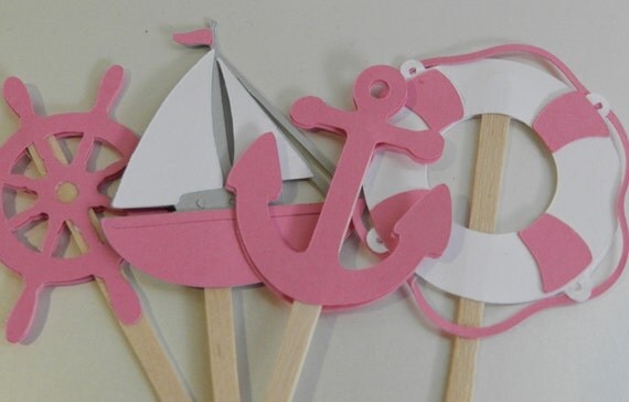 PINK Nautical Cupcake Toppers Boat, Anchor, Helm, Life Preserver Il_570xn