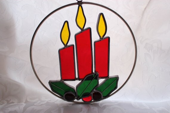 Stained Glass Christmas Candles And Holly Sun By Losttreasures2u 6887