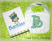 Precious -Curious Little Owl- Bib and Burp Cloth Gift Set - PERFECT Baby Shower Gift