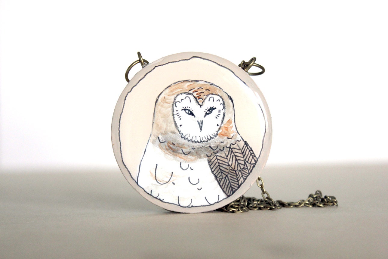Brown Barn Owl- Hand painted art necklace - cream grey feather necklace