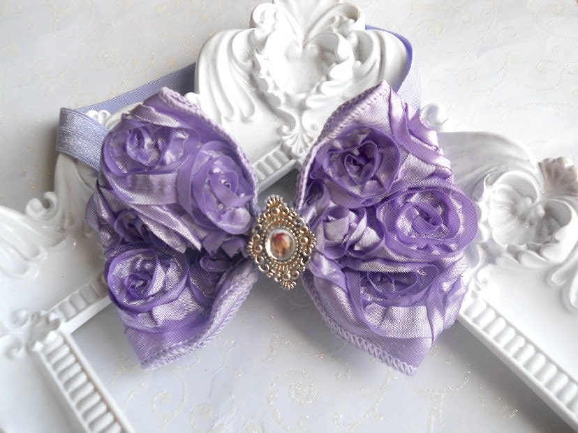 Vintage inspired,shabby Baby Girl Lavander Rosette Bow, elastic headband,Toddler ,Infant girl headband.