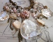 Cascade of Vintage Crystals, Chains, Freshwater Pearls, and Crystal Quartz Bib Necklace, Bold and Dramatic, Bridal, Wedding