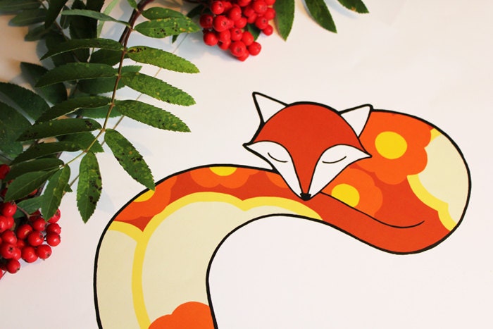 Sleeping Fox- A3 Print - Swedish 70's retro print for kids, scandinavian design