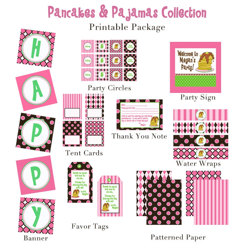 PANCAKES & PAJAMAS Birthday Party - Brown/Pink/Green - PRINTABLE Collection - Libby Lane Press Il_570xn