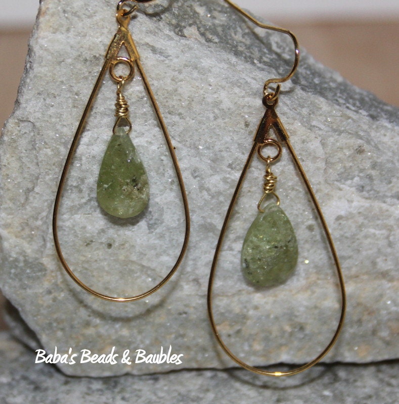 Green Garnet Teardrops in Gold Drop Hoops