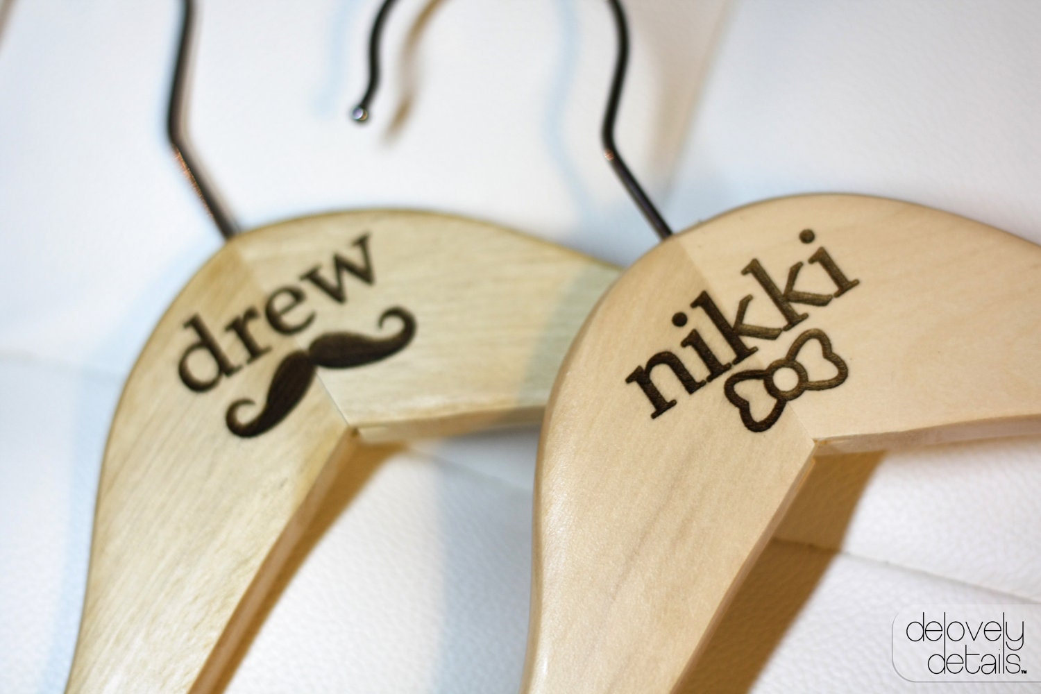 Customized/Personalized Bow and Mustache Standard Hanger set for Bride's wedding dress and Groom's Tux/Suit - Wooden