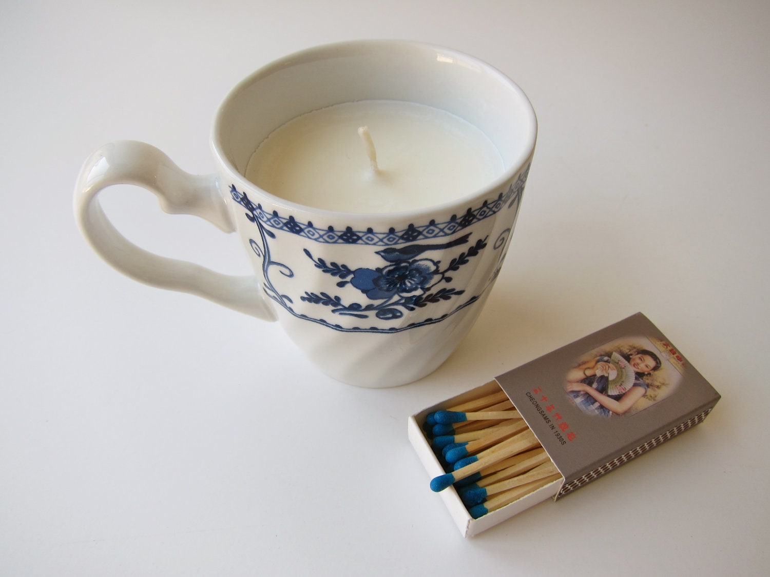 Soy Wax Navy Blue and White Teacup Candle (unscented)