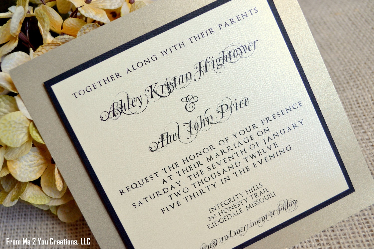 SAMPLE: Classic Wedding Invitation, 5x5 Metallic Champagne/Gold, Ecru Cream Wedding Invitation with Metallic RSVP postcard