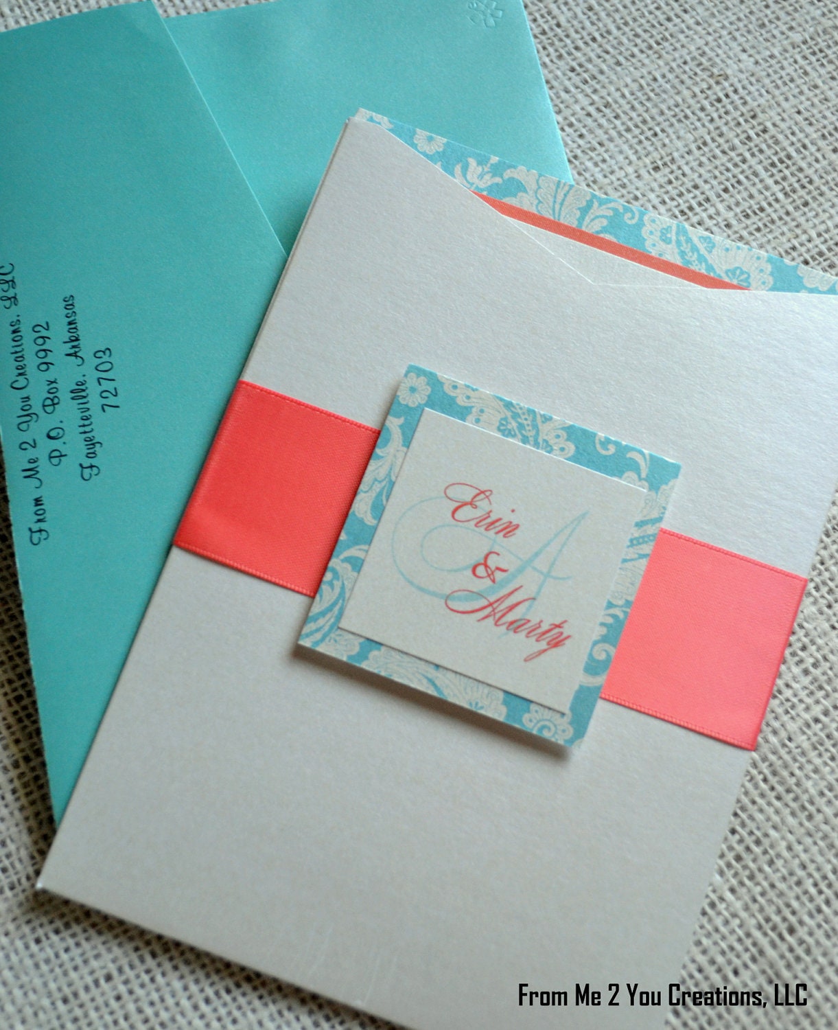 Beach Wedding Invitation--Metallic Teal, Coral, and Cream Damask/Paisley Tri-Layered Invitation w/ Pocket, Monogram Tab, Ribbon, and inserts