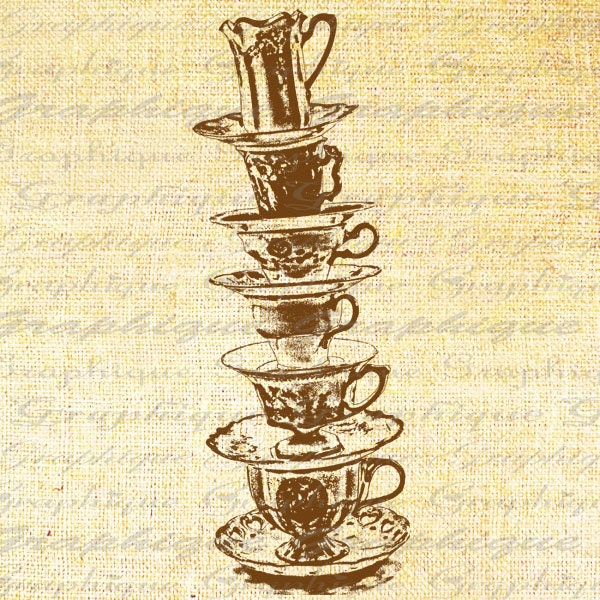 STACK of TEACUPS Tea Cups Saucers Digital Image Download Transfer To Pillows Tote Tea Towels Burlap No. 1459 SEPIA