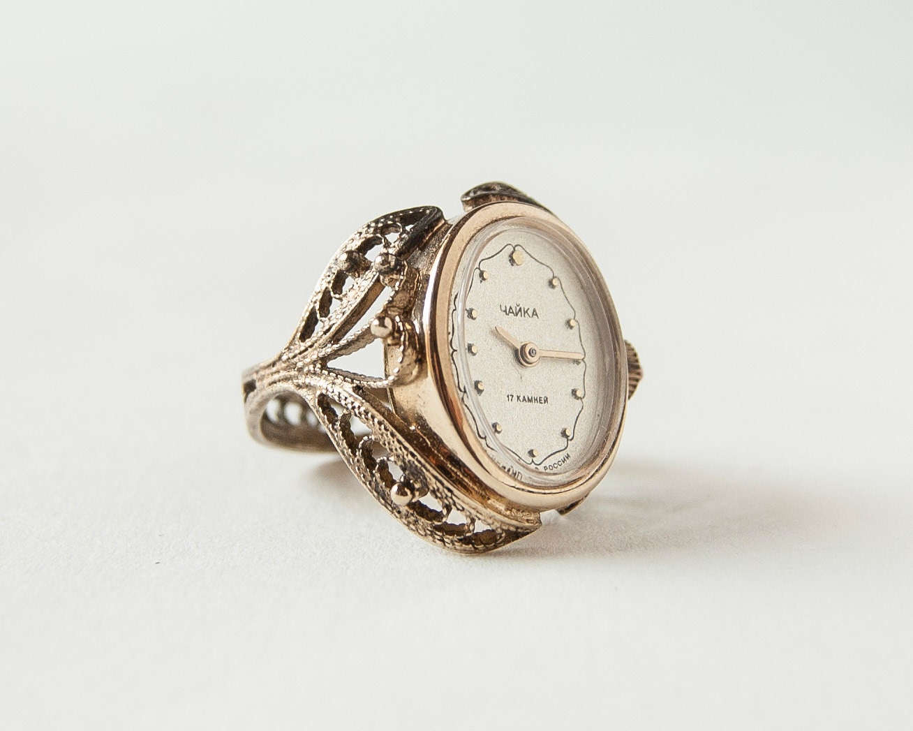 Vintage Watch Ring, rare filigree ladies watch, gold plated, Soviet Era