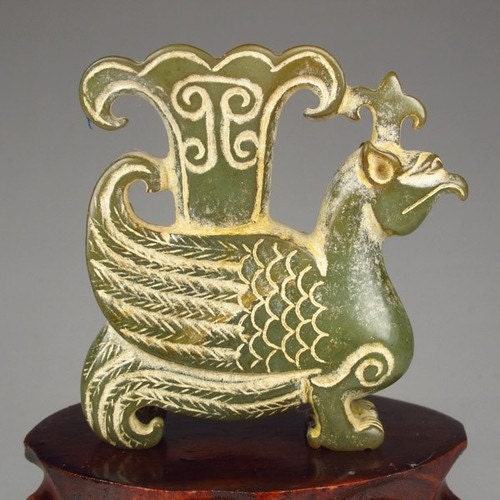 Reserved... Please do not purchase... Chinese carved Jade Statue. Archaistic Phoenix.