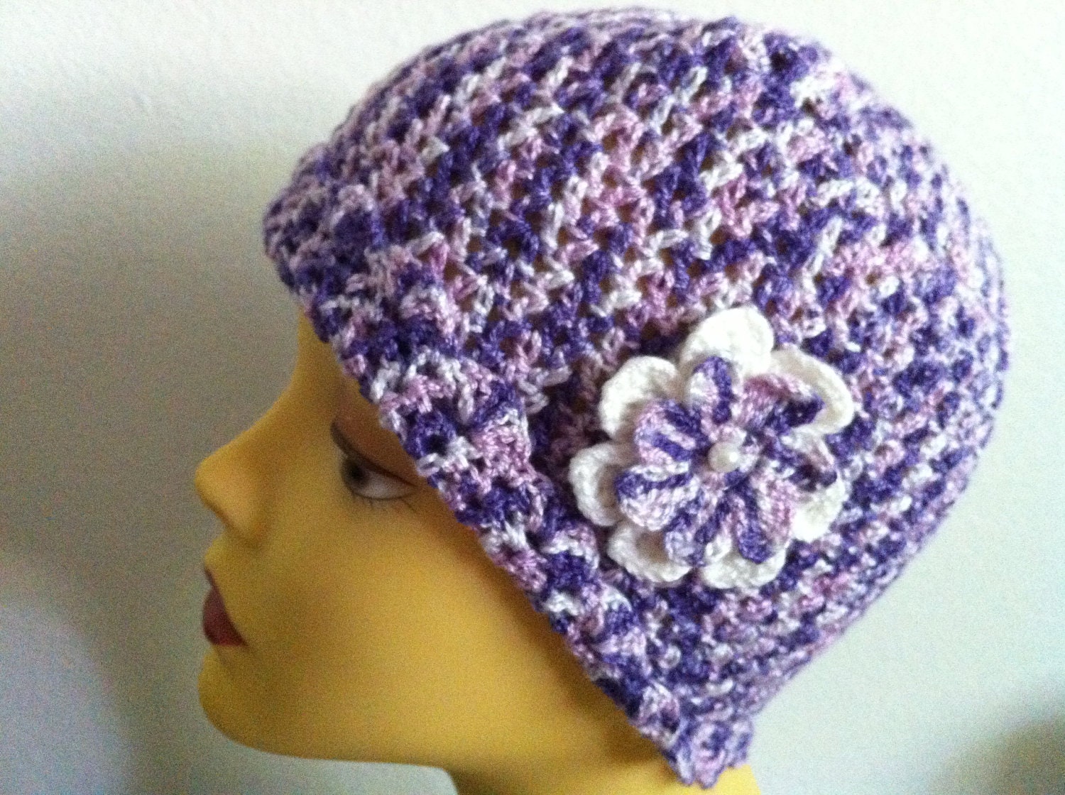 Spring Womens Hats, Cloche Hat In Purple, Crochet Women Hat With Flower, Lilac and White Hat, USA seller
