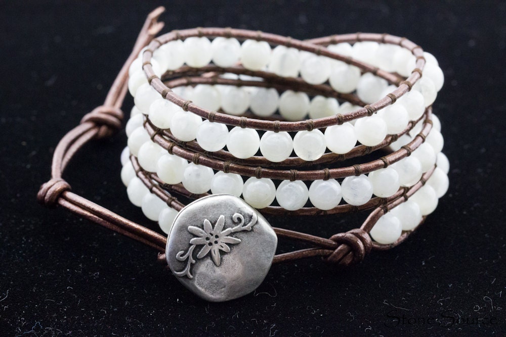 Moonstone Leather Wrap Bracelet - Chan Luu Style - Brown Leather
