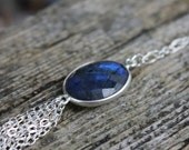 Labradorite Bezel Necklace - 925 Sterling Silver Gemstone Connector with Chain Tassel